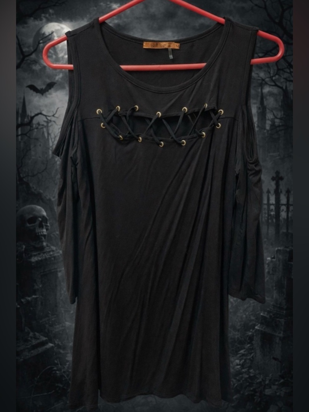 Black Belldini Cold-Shoulder Lace-Up Top Size Medium